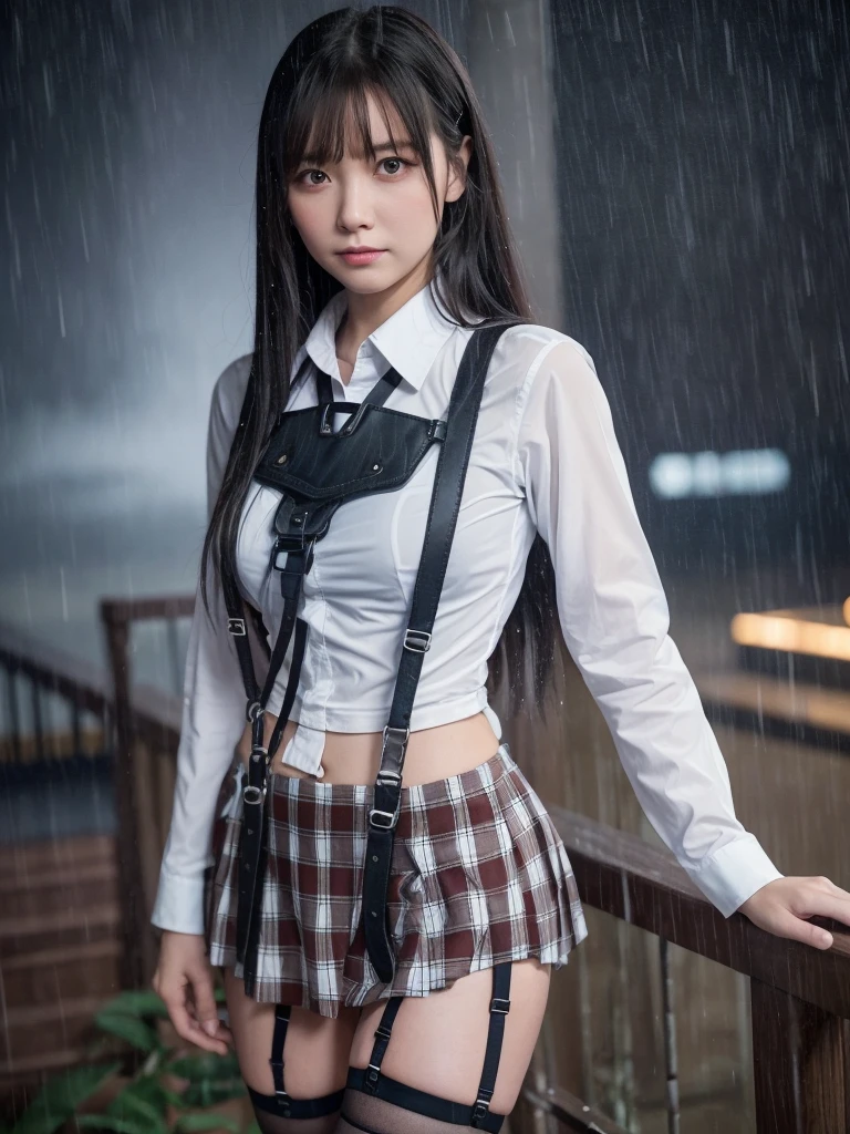 1 female, , high quality, masterpiece, Ultra-high resolution, Cinema Lighting, 1 female, , high quality, masterpiece, Ultra-high resolution, , Cinema Lighting, suspenders Moderate breasts Small face Looking up Sweat Thin belt buzzer 脇Sweat Garter belt Belt on pants holster Hands behind your back Looking up Anxious face Knee-high Knee socks Knee-highソックス garter ふとももにGarter belt Checkered mini skirt Panty shot Skirt gap Armament holster holster Hands behind your back Anxious expression Anxious face, legs apart Armament Leg holster holster See-through clothing heavy rain Rain-soaked dress shirt,