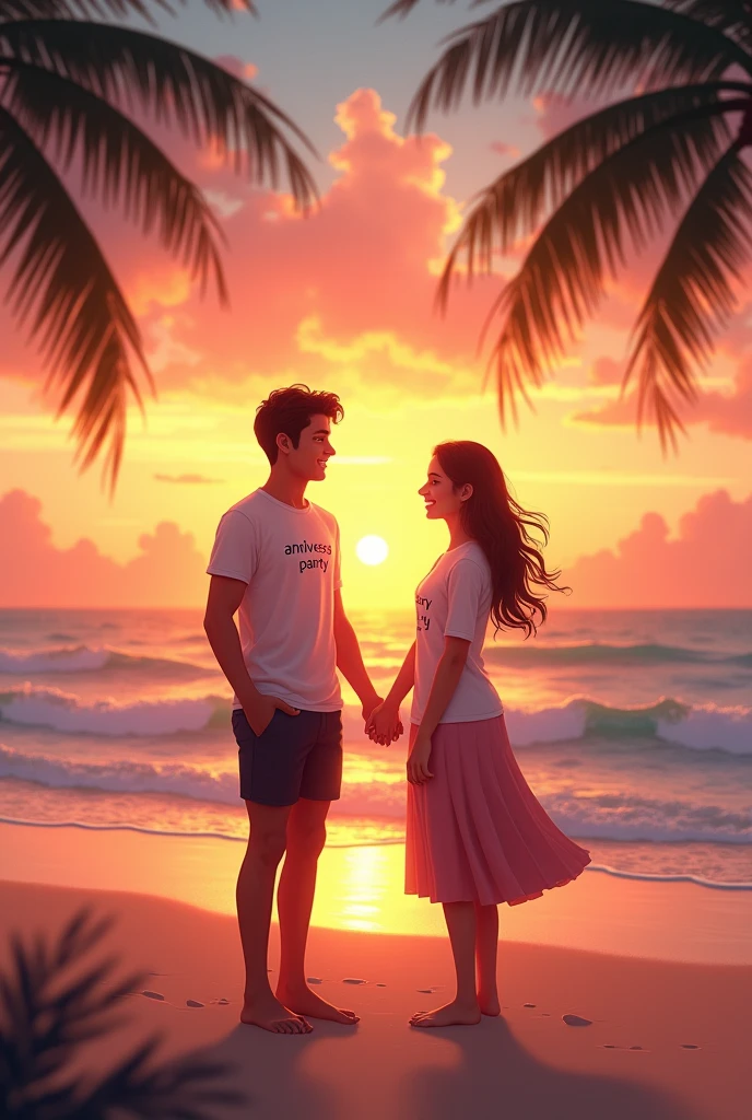  A beautiful couple  stand the front of  sea with the time is sunset  the doy promising his girlfriend the girls wearing a shart frock with the boy wearing a pent cort with light brown hair with a red rose  with a many danssars sounding dasing in a beautiful stage art illusion 
