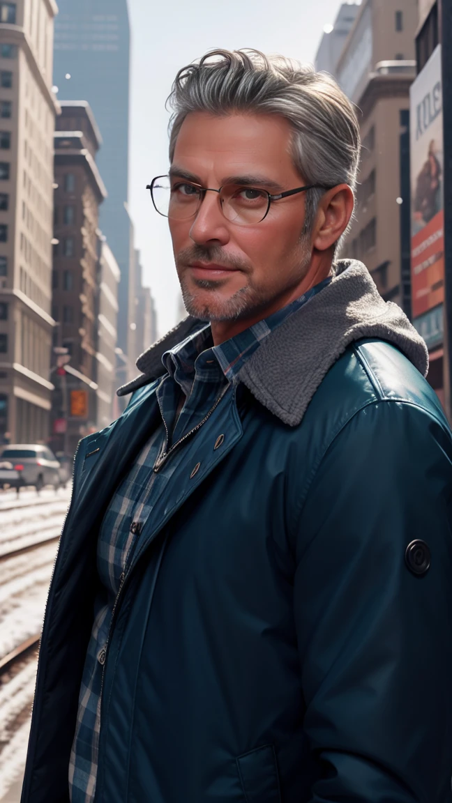 sfw, 1man, middle aged, 58 y.o, handsome, silver blonde hair with white graying edges, quiff back sides and tape hairstyle, wearing glasses, shining blue eyes, prominent muscular bodyshape, BODYBUILDER BODYSHAPED, teal checkered shirt paired dark blue winter jacket, gray denim jeans, snowy new york (background), midnight (sky color), closer distance face against me, looking viewers, hd, high quality, 8k resolution
