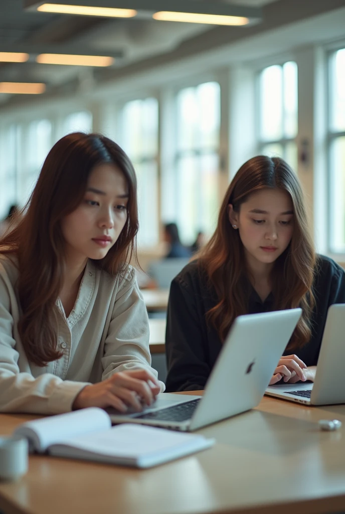 Two women sitting at a table with laptops and earbuds in front of them ...