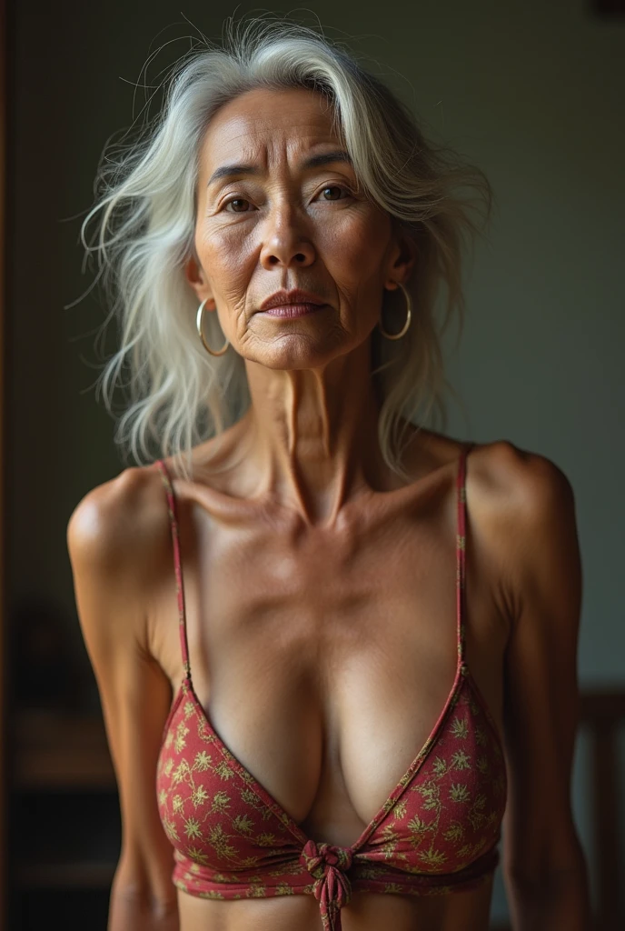 65 years old,(A MILF:1.2), a captivating gaze,long old gray hair,Brown eyes, (A lot of wrinkles on her face:1.4), (There are many wrinkles on her chest1.4),Old Woman, Detailed wrinkles (8K, High resolution,ultra-quality, An ultra-high picture quality,Ultrarealistic,Best Quality,masuter piece:1.2)(breasts are large,Large cleavage:1.1) ,(Old Woman in Japan), beauty dinner dress,eyes visible through hair, Proper eye position,Cinematic Light,Soft light,lower back,Night time,Soft moonlight,detailed color graded background,Convoluted, ighly detailed,8K,Overall silhouette,restaurant,Looking down