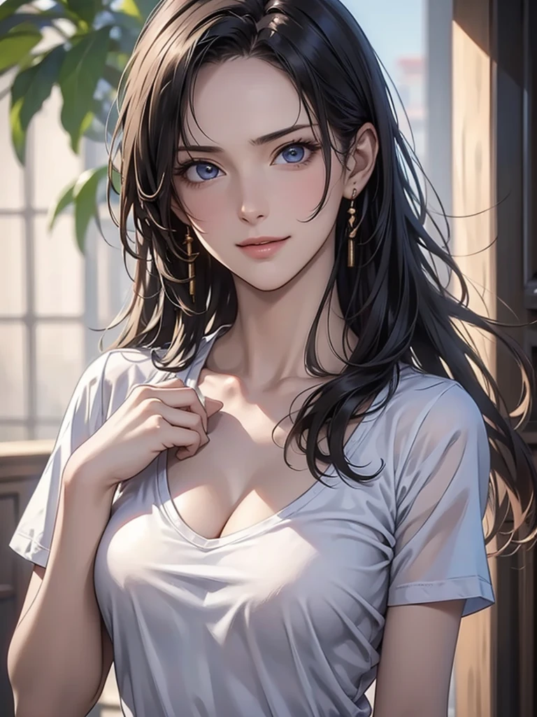 Highest quality, Ultra-high resolution, (Realistic: 1.4), beautiful Eyes, Super beautiful, beautiful, spouse, Rough Chest T-shirt, beautiful Soldier, Eyes that beckon, spouseの視点, Attractive look, Sexy smile, Perfect Style, Perfect balance, Detailed skin, Mischievous Gaze, I can see your chest