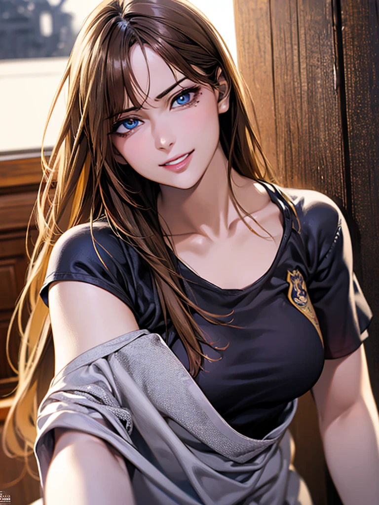 Highest quality, Ultra-high resolution, (Realistic: 1.4), beautiful Eyes, Super beautiful, beautiful, spouse, Rough Chest T-shirt, beautiful Soldier, Eyes that beckon, spouseの視点, Attractive look, Sexy smile, Perfect Style, Perfect balance, Detailed skin, Mischievous Gaze