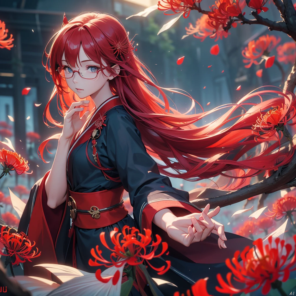 A beautiful glasses-wearing girl with long red hair and blue eyes in a red kimono stands in a field of red red spider lilies. A fox emerges from the twilight, detailed facial features, highly detailed eyes, (Best Quality, 4k, 8k, High Resolution, Masterpiece: 1.2), Ultra-detailed, (Realistic, Photorealistic, Photorealistic: 1.37), Vivid colors, Cinematic lighting, Surreal fantasy, Atmospheric mood