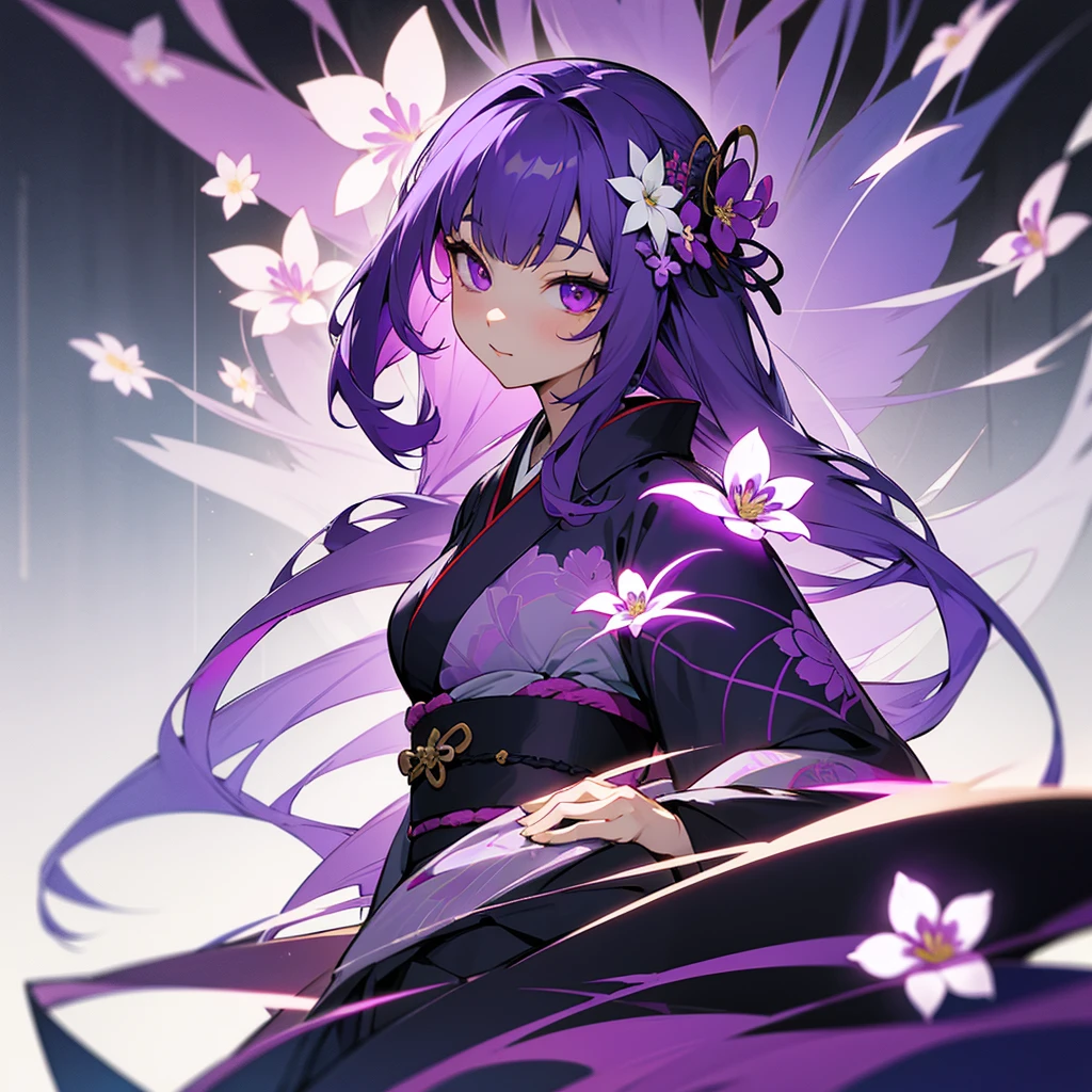 masterpiece, high-quality, 8k resolution, solo, 1 woman, dark violet hair, beauty mark, body suit under kimono, kanzashi, lavender kimono, tomoe decorations, obi, purple eyes, Genshin Impact Raiden Shogun, Ei,