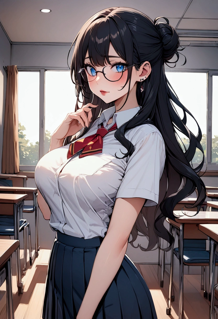 (masterpiece), best quality, expressive eyes, perfect face, perfect body, regular school uniform
scholl uniform, school uniform, school costume, in class, Black hair, Messy bun do hair style, blue eyes Perfect curve body, long hair, wavy hair, Blushing, leaning back, looking at viewer, Stocking, ear piercing Older woman aura, Glasses, Red lipstick, large breast, alone