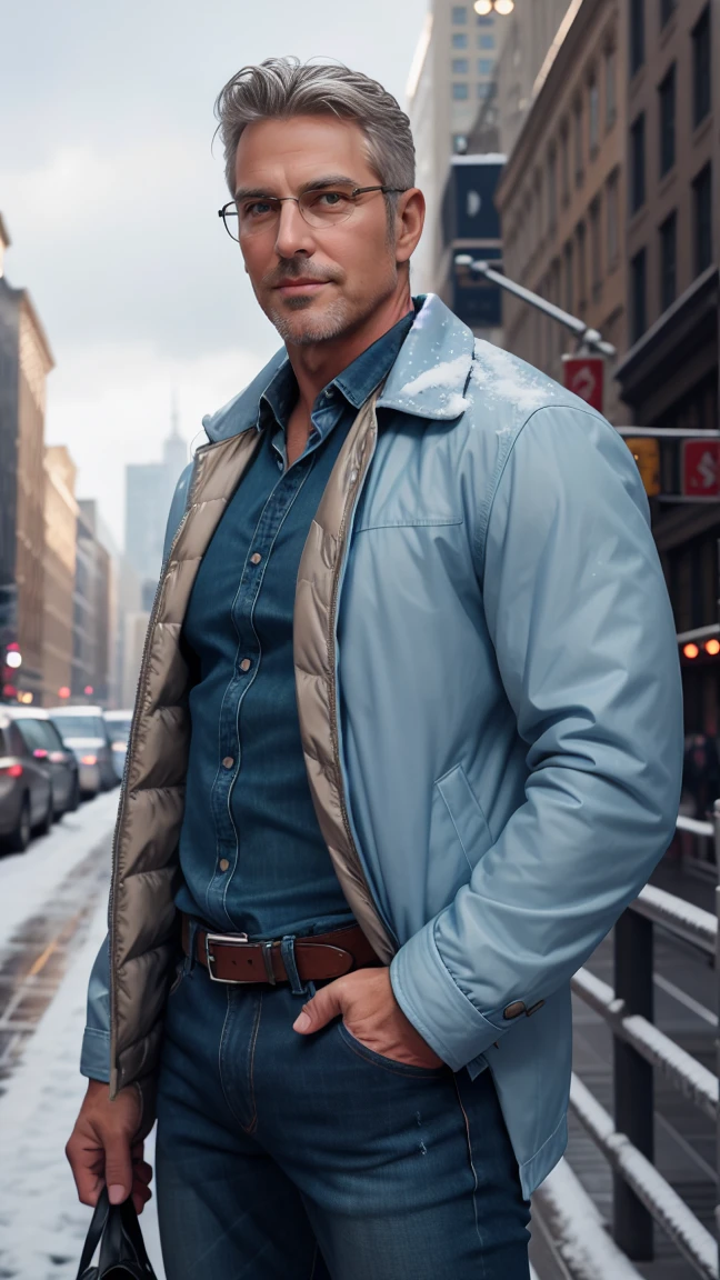 sfw, 1man, middle aged, 58 y.o, handsome, silver blonde hair with white graying edges, quiff back sides and tape hairstyle, wearing glasses, shining blue eyes, prominent muscular bodyshape, BODYBUILDER BODYSHAPED, teal checkered shirt paired dark blue winter jacket, gray denim jeans, snowy new york (background), midnight (sky color), closer distance face against me, looking viewers, hd, high quality, 8k resolution
