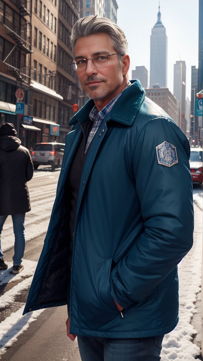 sfw, 1man, middle aged, 58 y.o, handsome, silver blonde hair with white graying edges, quiff back sides and tape hairstyle, wearing glasses, shining blue eyes, prominent muscular bodyshape, BODYBUILDER BODYSHAPED, teal checkered shirt paired dark blue winter jacket, gray denim jeans, snowy new york (background), midnight (sky color), closer distance face against me, looking viewers, hd, high quality, 8k resolution
