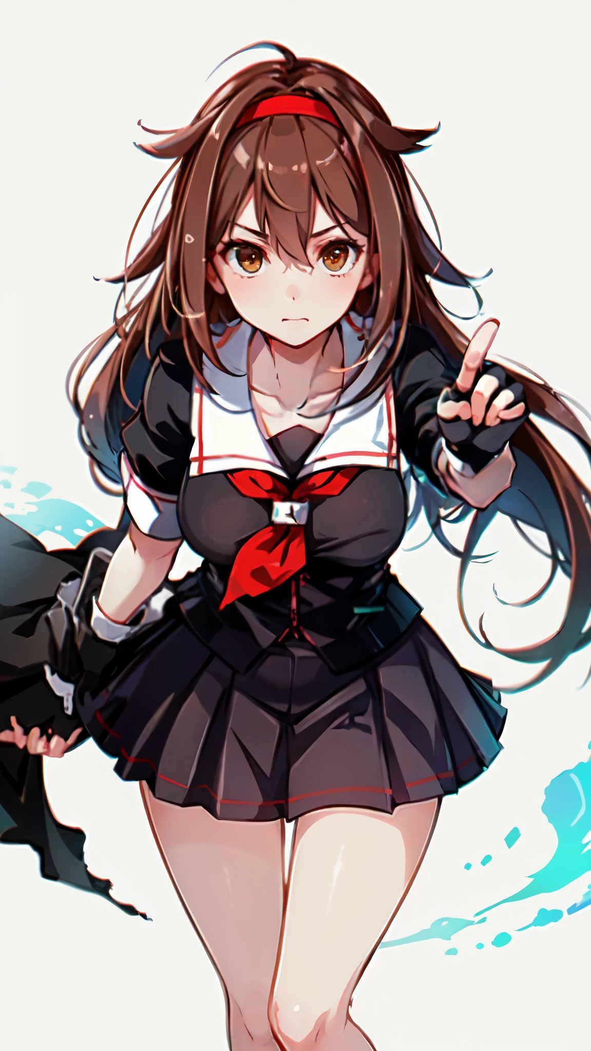 Highest quality, masterpiece, High resolution, One person, {Fleet Collection_White Dew:1.15} Brown Hair、Long Hair、Thighs、Short sleeve、Pleated skirt、hair band、Serafuku、Black gloves、Fingerless gloves、Black Skirt、neckerchief、Big Breasts　Office　Look up here