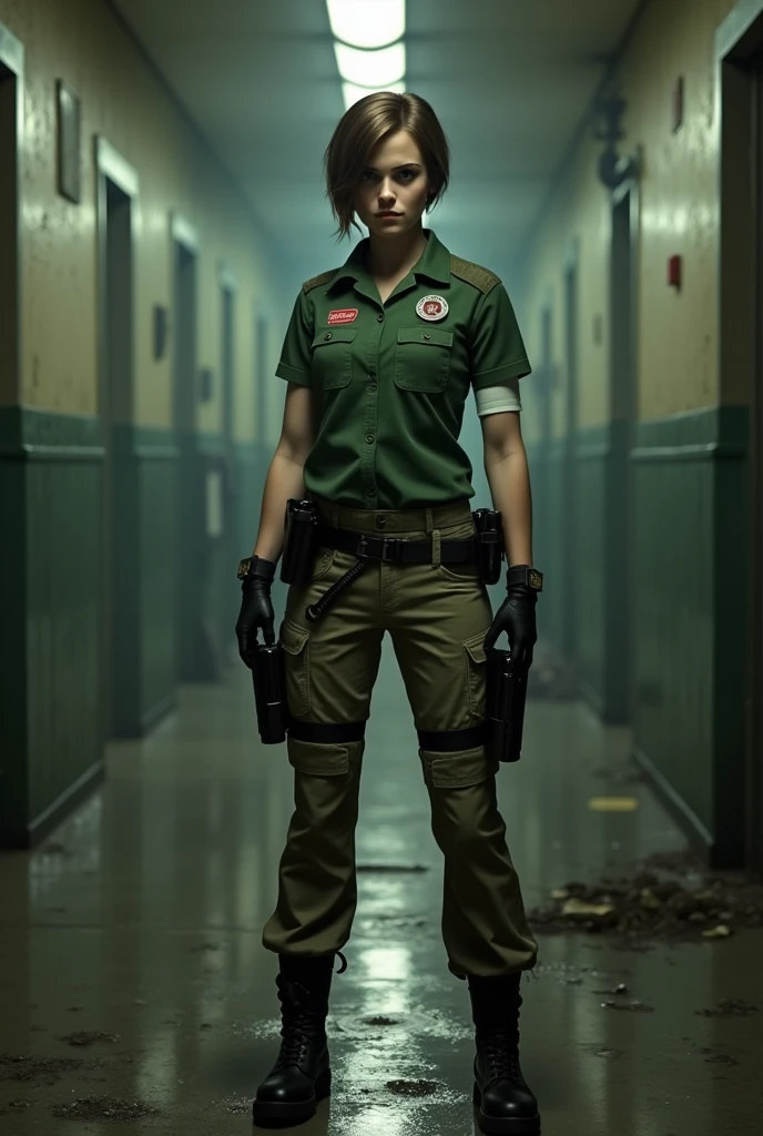 zombie girl, 17 years old, blonde, very short hair, green eyes, green uniform, blood on face, high boots, office room, masterpiece, ultra detailed, highest quality photography, 4k quality, best quality, textured skin, super detail, realistic, realistic eyes, perfect face, 3d face, perfect eyes, colorful, full body