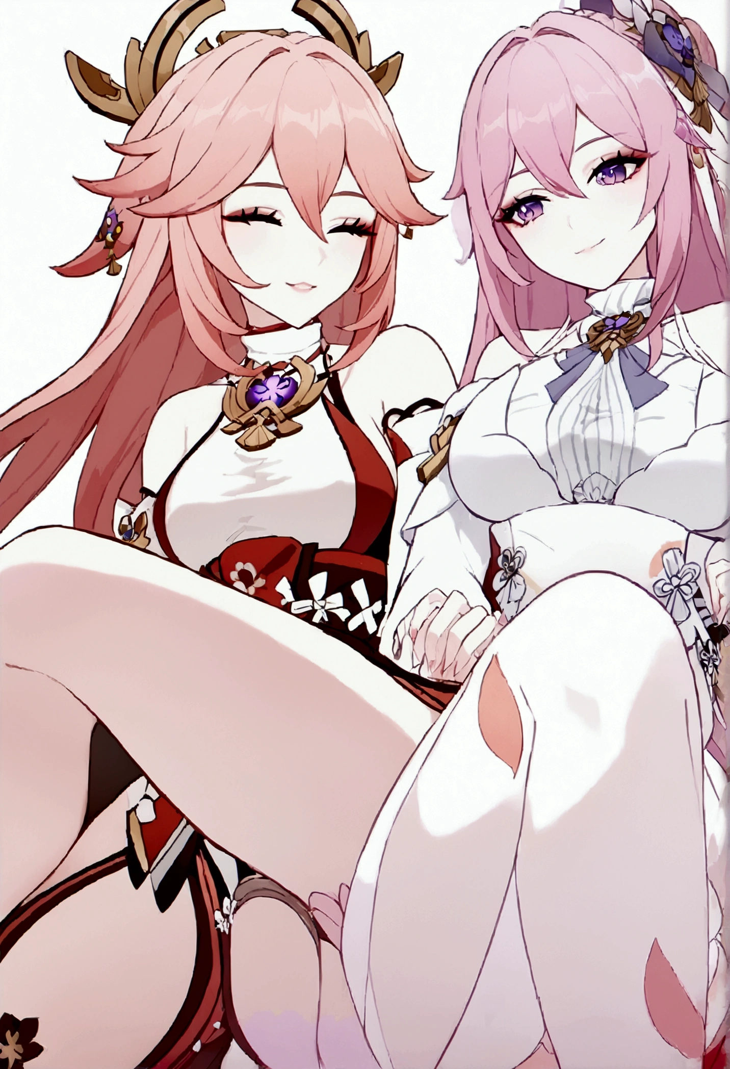 2girls, Dorothy(NIKKE), Yae Miko(Genshin Impact), high quality, masterpiece, legs crossed, sitting, smiling