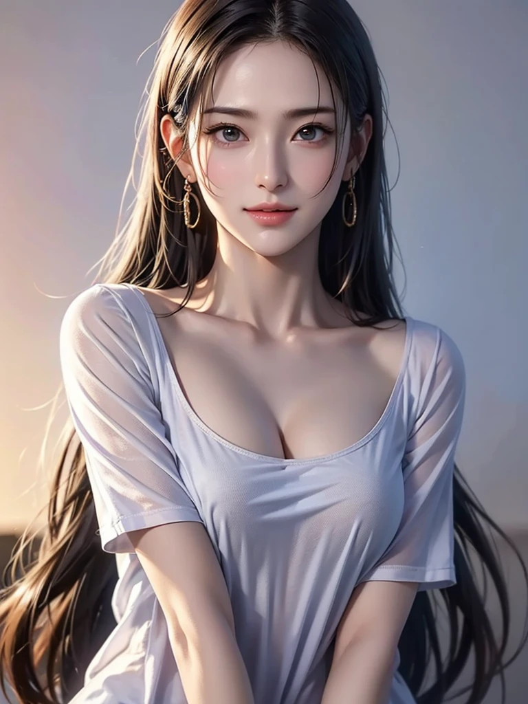 Highest quality, Ultra-high resolution, (Realistic: 1.4), beautiful Eyes, Super beautiful, beautiful, spouse, Rough Chest T-shirt, beautiful Soldier, Eyes that beckon, spouseの視点, Attractive look, Sexy smile, Perfect Style, Perfect balance, Detailed skin, Mischievous Gaze, I can see your chest