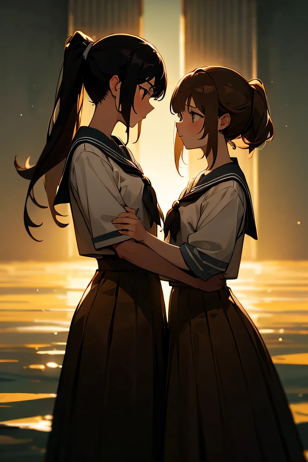 Highest quality　Two women embracing each other on the beach　2 women　Lesbian　Long black hair ponytail　Long brown hair　Backlight　uniform　Sailor suit　Long Skirt　Well-formed profile　Gazing at each other