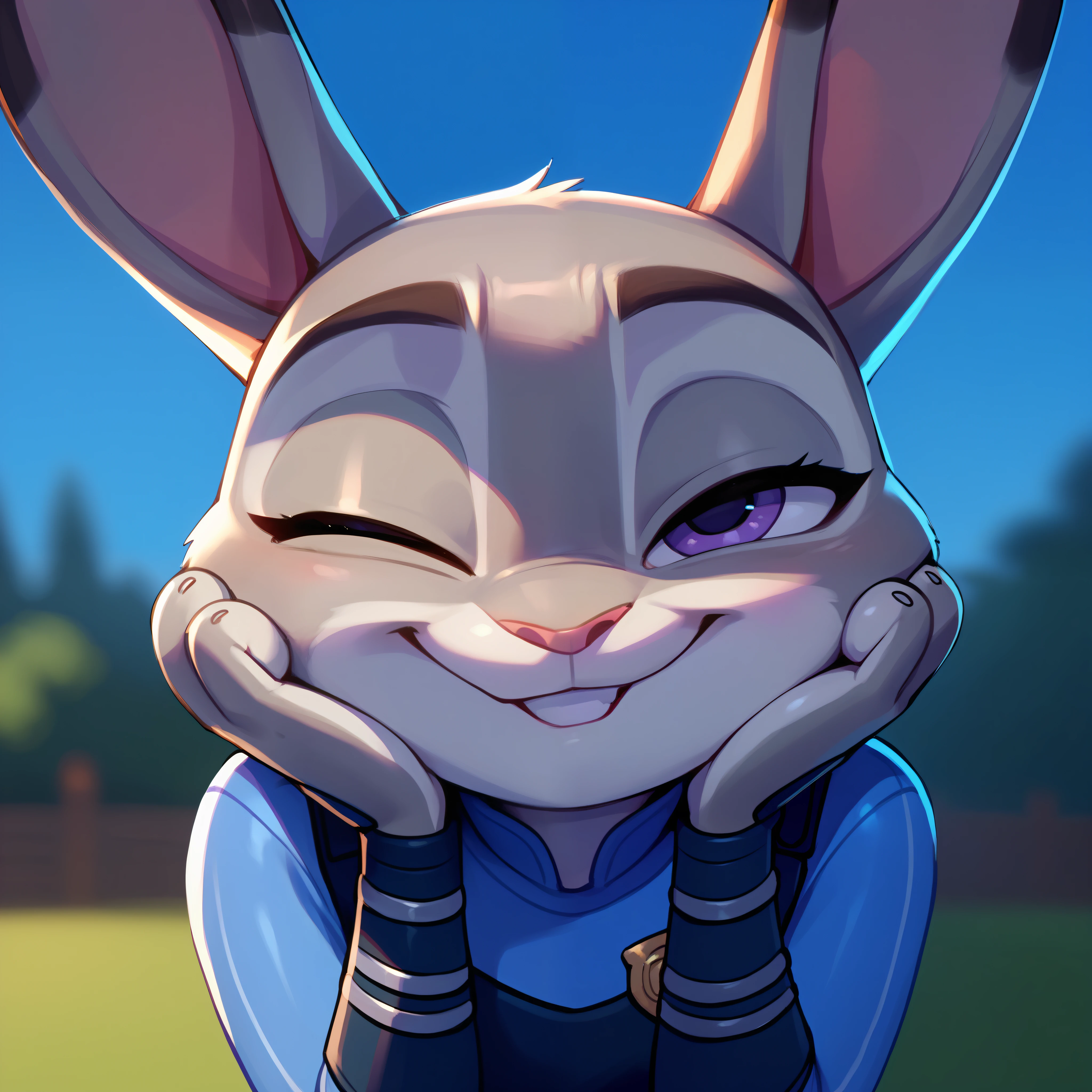 score_9, score_8_up, score_7_up, Judy Hopps, Anthro, furry, FACE ONLY, HEAD ON, FACE FOCUS, fur, cute, centered, smile, winking,