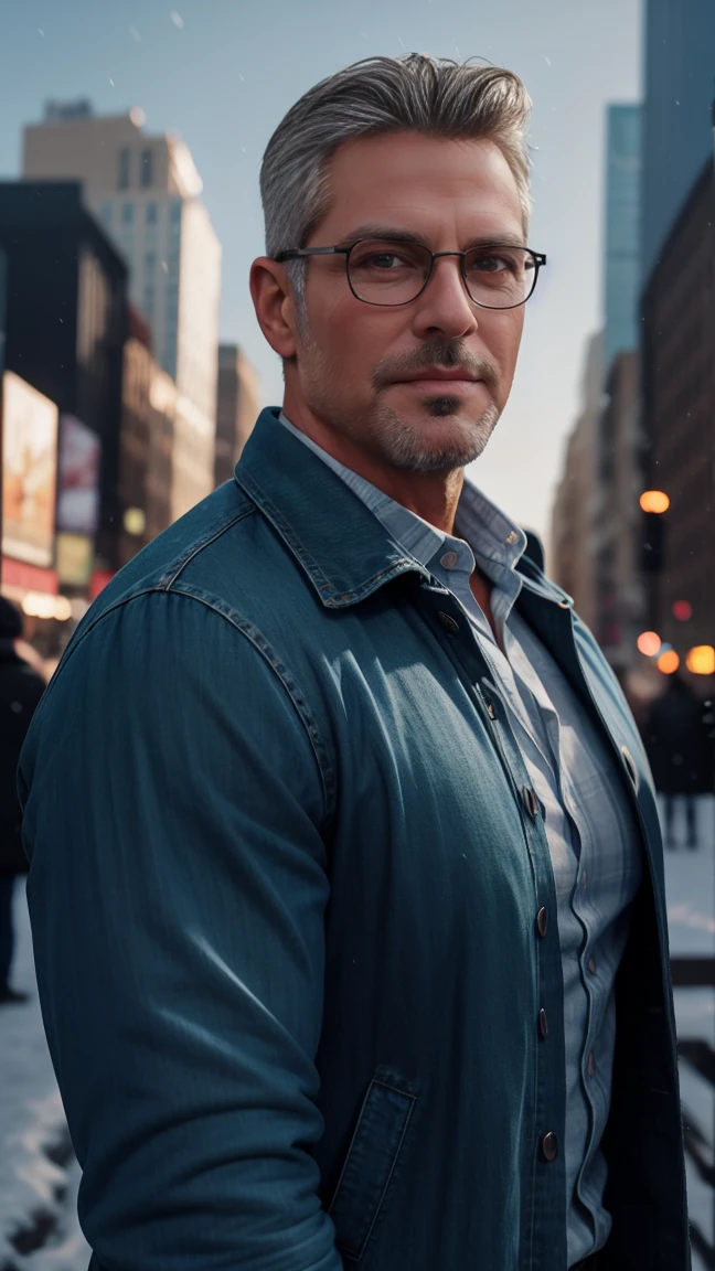 sfw, 1man, middle aged, 58 y.o, handsome, silver blonde hair with white graying edges, quiff back sides and tape hairstyle, wearing glasses, shining blue eyes, prominent muscular bodyshape, BODYBUILDER BODYSHAPED, teal checkered shirt paired dark blue winter jacket, gray denim jeans, snowy new york (background), midnight (sky color), closer distance face against me, looking viewers, hd, high quality, 8k resolution
