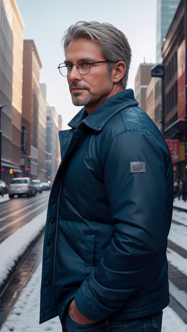 sfw, 1man, middle aged, 58 y.o, handsome, silver blonde hair with white graying edges, quiff back sides and tape hairstyle, wearing glasses, shining blue eyes, prominent muscular bodyshape, BODYBUILDER BODYSHAPED, teal checkered shirt paired dark blue winter jacket, gray denim jeans, snowy new york (background), midnight (sky color), closer distance face against me, looking viewers, hd, high quality, 8k resolution
