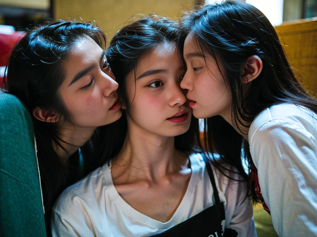 Two naked Japanese girls in their 20s with young bodies are kissing