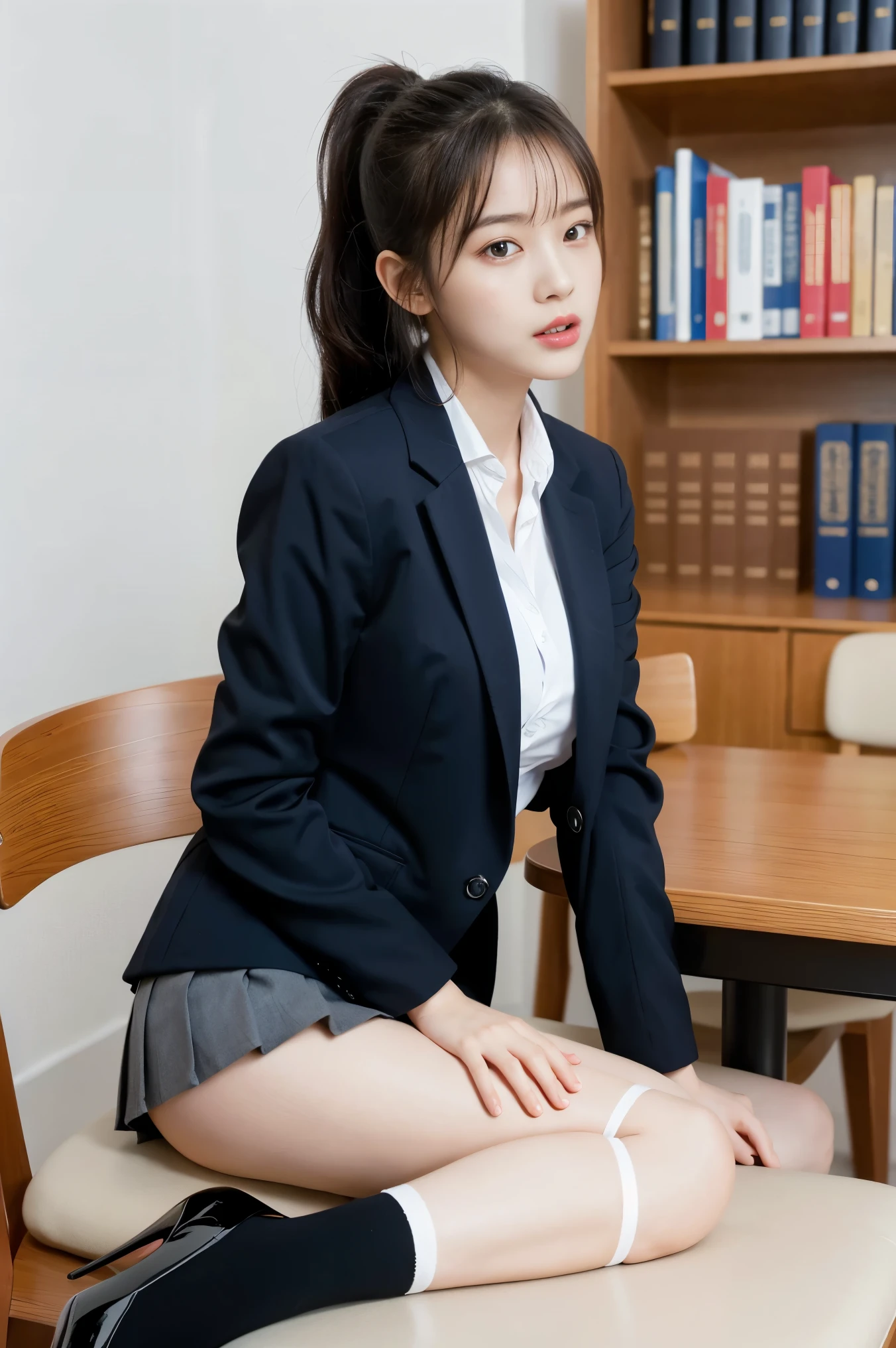 Top  Quality、Hight Resolution、extremely highly detailed、​masterpiece、Raw-Photo、realisitic、Photorealcitic、very delicate and beautiful.、delicate detail、textured skin、1girll、Solo、soio、18-year-old Japanese girl、Wearing a high school uniform、class room、(Body facing the camera:1.3)、(Sit on a school chair with your legs spread to the sides:1.2)、(Show me your white panties:1.2)、Dark blue jacket and plaid skirt、white shirts、Tie、Black Loafer&#39;s face is really pretty.:1.5)、Tall、Brown hair、(bare legs:1.1)、perfectly proportions、(Do not expose the upper body)、(In SFW)