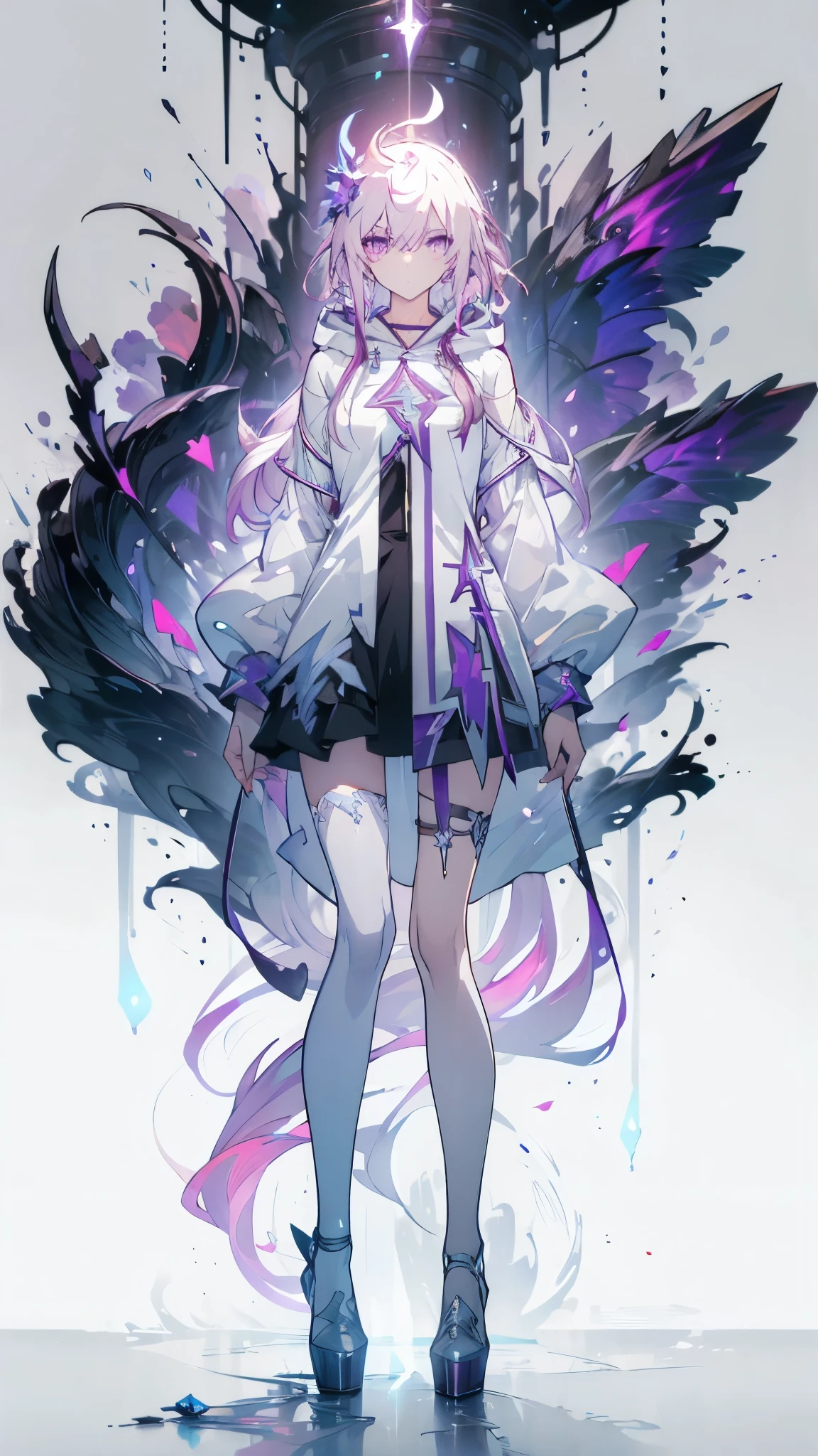 ((masterpiece， best quality))，Thunder Elemental Magician，Pure white background，lightning，lightning球，Detailed face，whole body，High heel，Perfect body proportions，Glowing eyes，sexly，Purple and Gold，Bell，Hoodie，Petals falling，extremely beautiful，transparent，Gauze，NUDE，Fishnet stockings