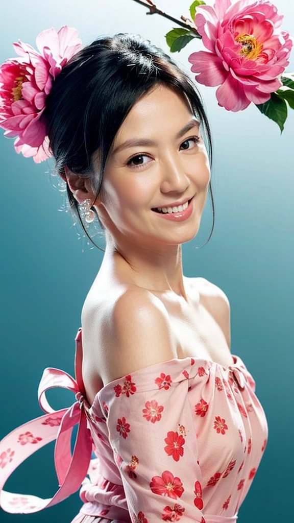 1.A XX-year-old beauty，Front view，Light，Makeup is exquisite yet natural，Delicate facial features，Fair skin and beautiful appearance，White skin，Perfect face，With a warm smile，Perfect body，Thin waist，Perfect composition，Wearing a fitted pink off-shoulder floral dress，Wear a pair of pearl earrings。