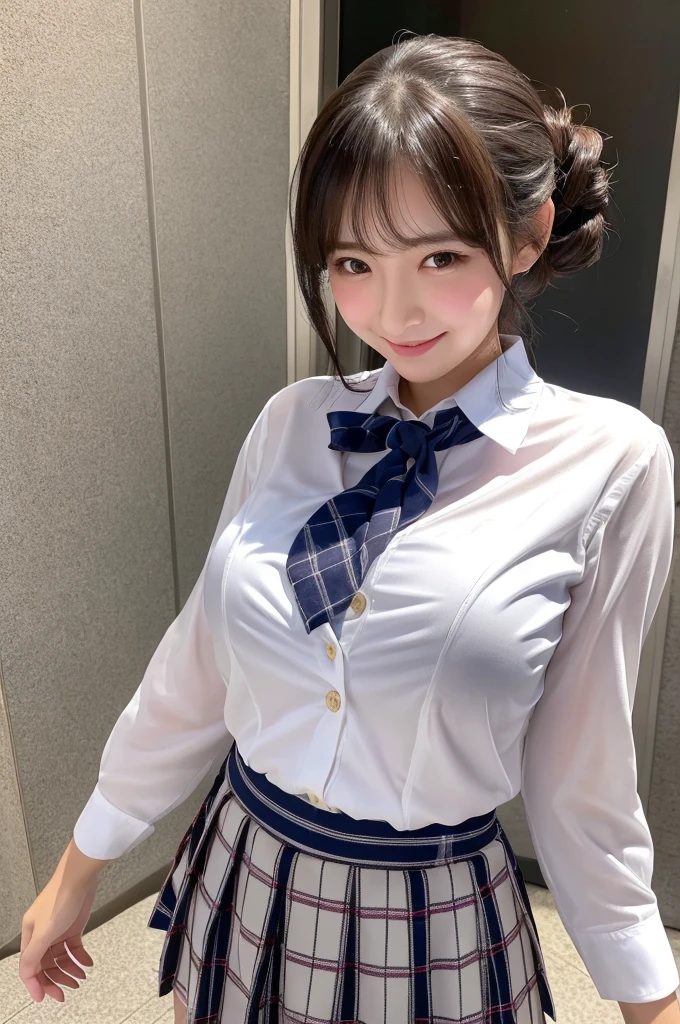(8k, RAW photo, best quality, masterpiece: 1.2), (realistic, photo-realistic: 1.37), ultra-detailed, 1 girl, cute, solo, beautiful detailed sky, detailed coffee, night, sitting, dating, (flushed nose), (smile: 1.1), (mouth closed), medium breasts, beautiful detailed eyes, (collared shirt: 1.1), bow tie, pleated skirt, toy poodle,