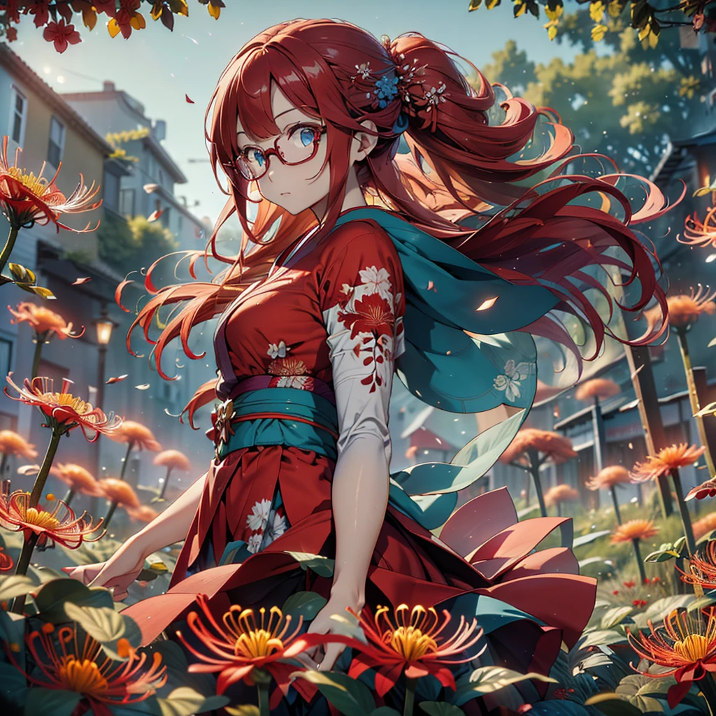 A beautiful glasses-wearing girl with long red hair and blue eyes in a red kimono stands in a field of red red spider lilies. A (fox) emerges from the twilight, detailed facial features, highly detailed eyes, (Best Quality, 4k, 8k, High Resolution, Masterpiece: 1.2), Ultra-detailed, (Realistic, Photorealistic, Photorealistic: 1.37), Vivid colors, Cinematic lighting, Surreal fantasy, Atmospheric mood