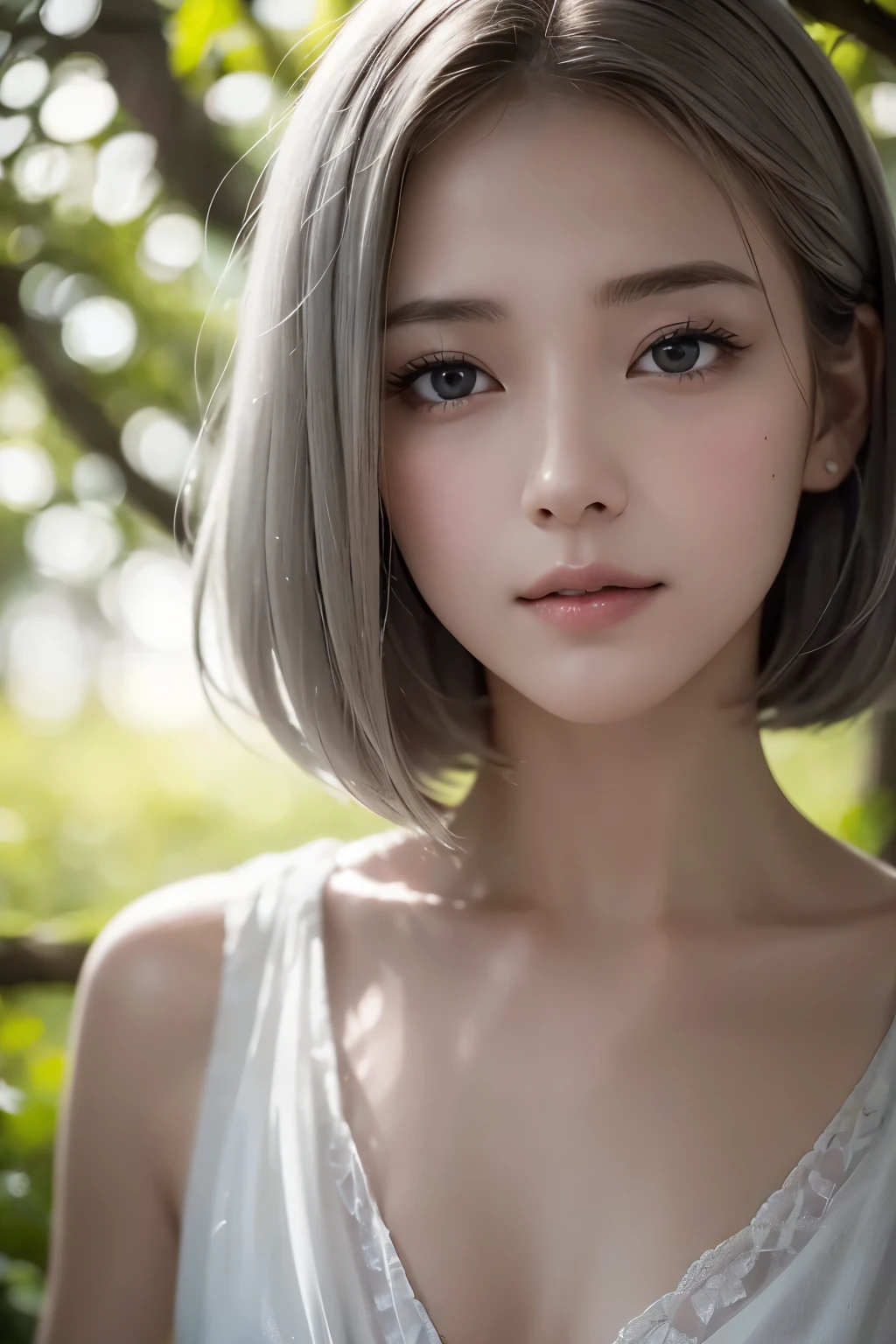 (top-quality, 8k, 32k, masterpiece, UHD:1.2), Cute Japan Female Pictures, 1 rapariga,(Tall lady), (abdominals), (s lips), a closed mouth, (Medium short golden hair), 二重まぶた, wetted skin, T back, Realistic rays, the beach、Gray tones、White Bob Cut、Silver hair