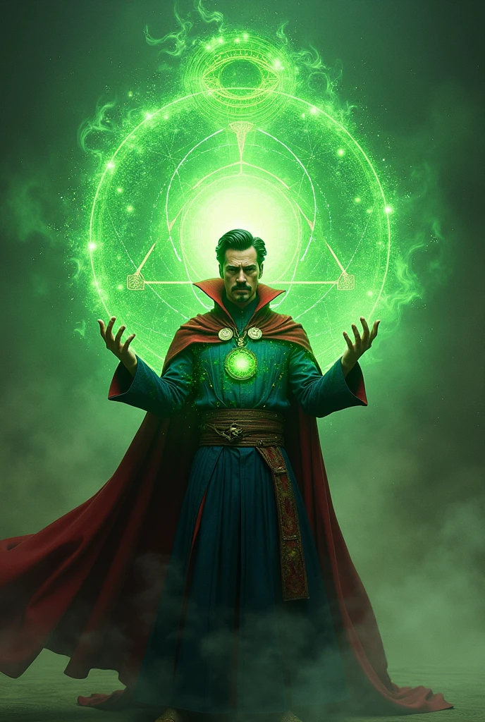 A mythical creature wearing a green robe、Scary hooded man、Glowing Eyes、Character portrait