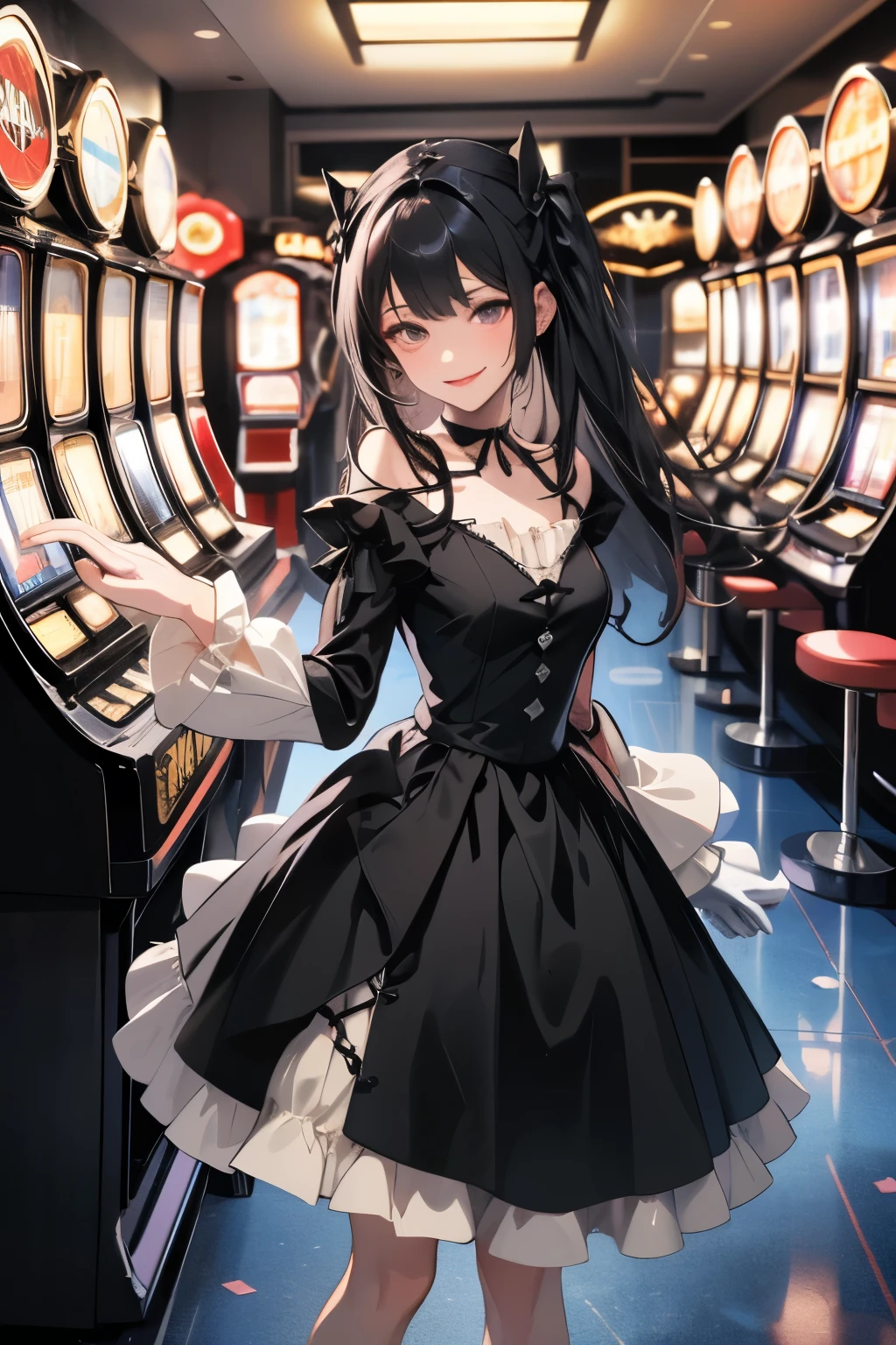 masterpiece, best quality, absurdres, RadenBase, choker, black dress, frills, long sleeves, black gloves, smile, a hallway lined with slot machines, In the dim light, only the slot machine is lit,