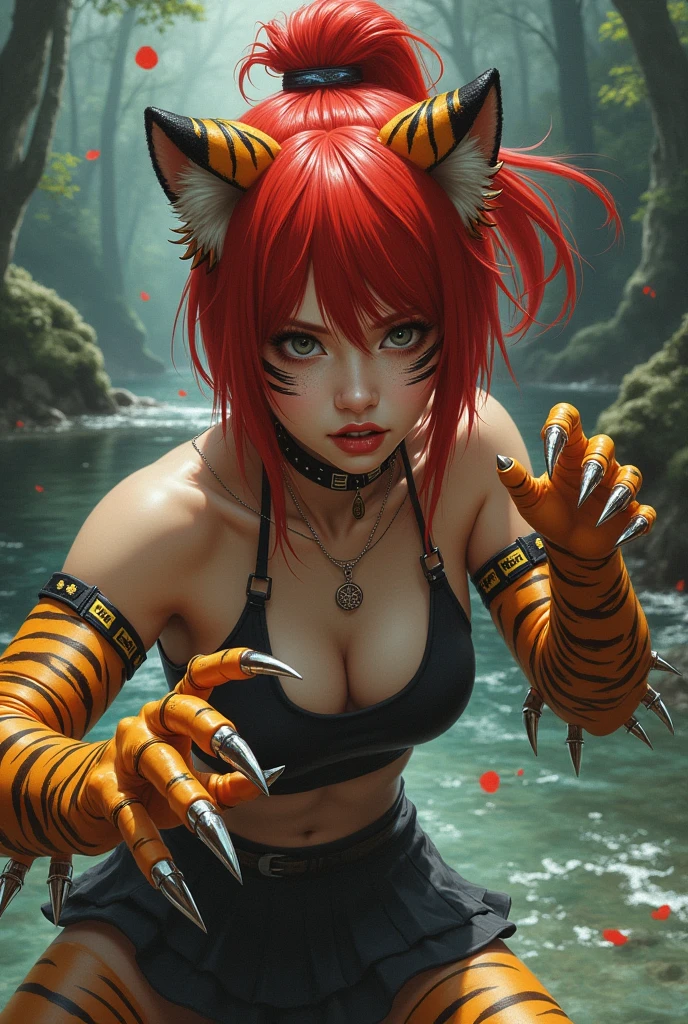score_9, score_8_up) score_7_up, score_6_up, solo, tiger, kemono, anthro, cute, short hair, blue eyes, white pupils, sexy pose, orange fur, corruption, croptop, thigh highs, horns, latex,  ((pubic tattoo)), heart cutout, small breasts, outside,
