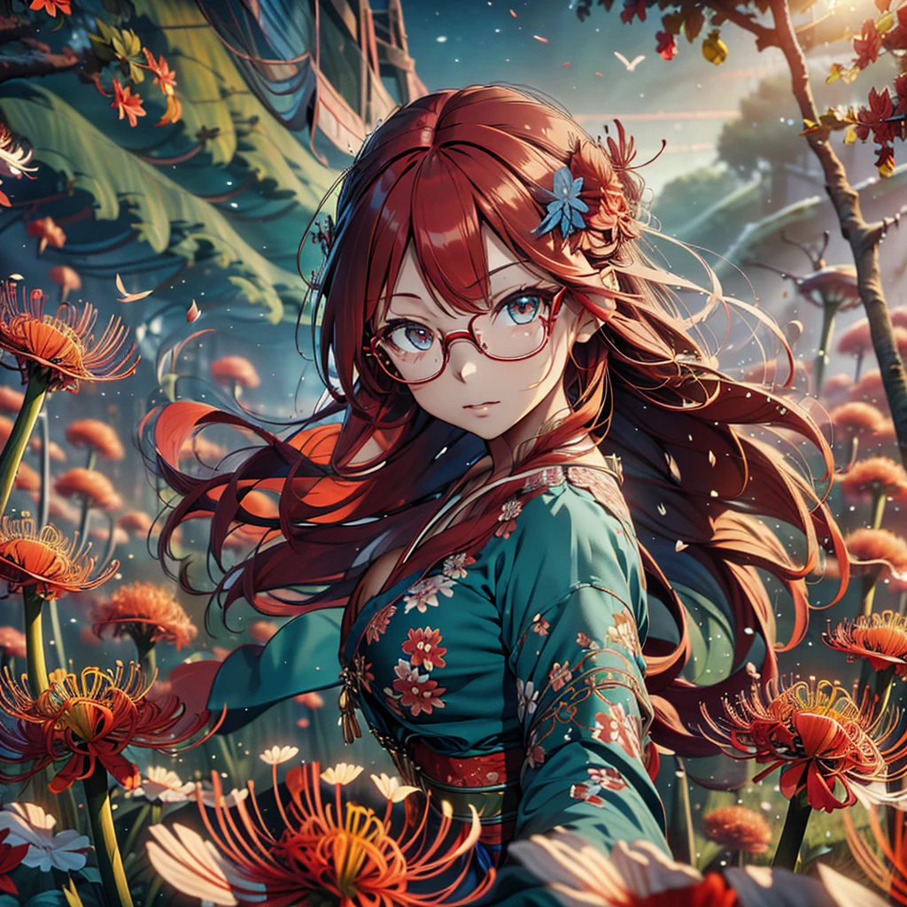 A beautiful glasses-wearing girl with long red hair and blue eyes in a red kimono stands in a field of red red spider lilies. A (fox) emerges from the twilight, detailed facial features, highly detailed eyes, (Best Quality, 4k, 8k, High Resolution, Masterpiece: 1.2), Ultra-detailed, (Realistic, Photorealistic, Photorealistic: 1.37), Vivid colors, Cinematic lighting, Surreal fantasy, Atmospheric mood