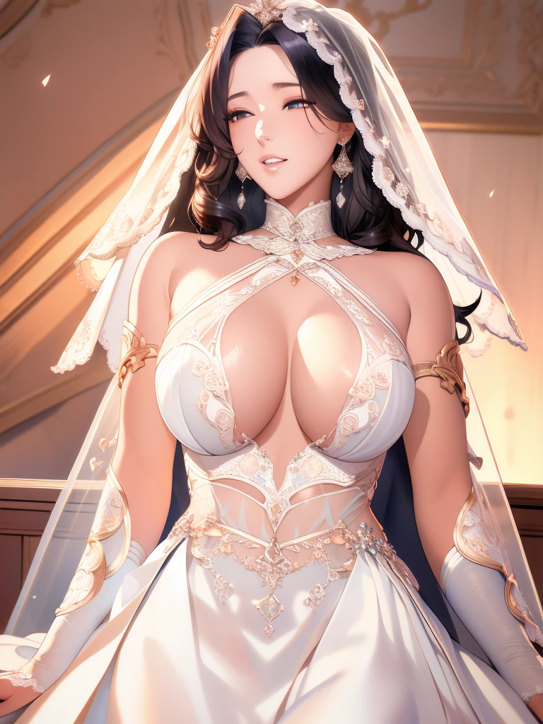 (masterpiece), Highest quality, Highest quality, Highly detailed CG Unity 8K wallpapers, original, High resolution, (Depth of written boundary: 1.5), Faithfulness: 1.3, chest, bride portrait style, 1 girl, curtain, Veil , bridal Veil, Wedding dress, curtain, jewelry, alone, Earrings, teeth, bride, black_hair