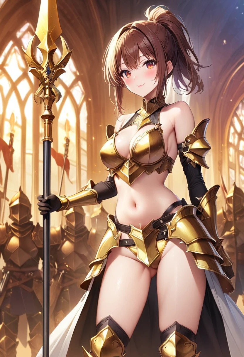 (1 Girl,Solo) , (Waist sheath:1.3), , Short Hair, 中くらいなchest, Displaying the viewer, Bangs ,Hazel eye detail, (Brown hair,Short ponytail hair:1.5), ,Short Hair、(whole bodyエスビアン:1.1), White thighs,(Couple:1.4),,、Weapon: Polearm、chest、belly button、whole body、boots、Black background、Gazing at the audience、chest元、Has a spear、中くらいのchest、Have a weapon、装甲boots、stomach、Bare shoulders、Female knight in bikini armor, Gold Bikini Armor,Gold Bikini Armor女騎士, Beautiful female knight, Slender、Gold Bikini Armor, stomach部の露出, Glamorous Gold Bikini Armor, Stunning Armor, 縦長のbelly button、Skin radiance