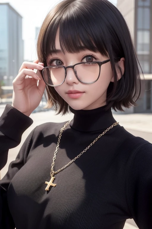 One girl, (masterpiece:1.3), (High resolution), (8k), (Very detailed), (4K), (Pixiv), Perfect Face, Beautiful eyes and face, (Highest quality), (Very detailed), Detailed face and eyes, (alone), Textured skin, Absurd, High resolution, Shizukuzu, Glasses, pants, jeans, Black Hair, short hair, Cross Necklace, Long sleeve, turtleneck, Black sweater, Purple eyes, Reverse Cross, throw, Selfie, smile, nature, city, sunlight,