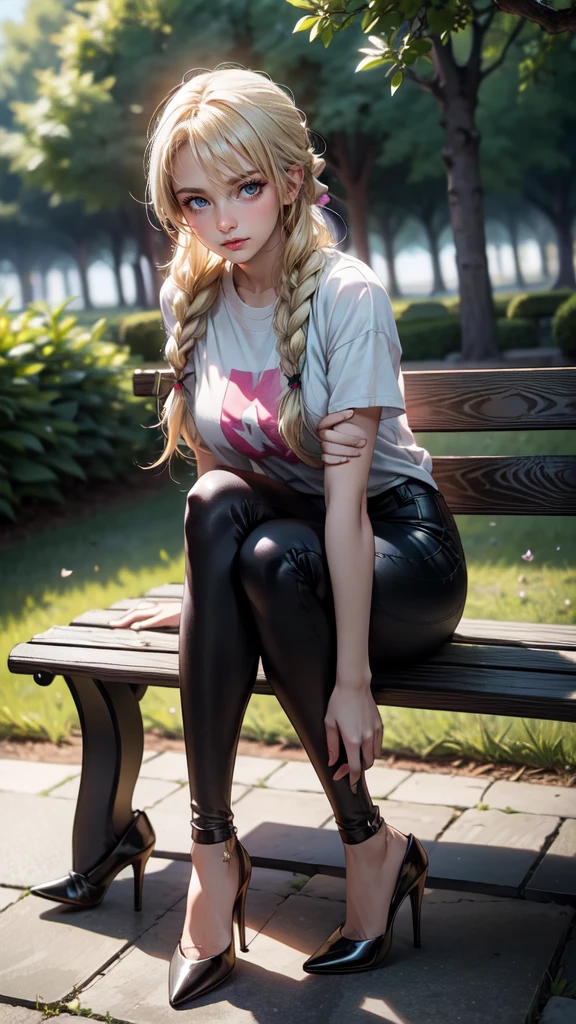 ultra 8k, HDR, best quality, masterpiece, very detailed, best AI technology, highest quality masterpiece, high resolution masterpiece, 1 girl, 2 girl with long blonde hair and pink streaks, wears twin braids, pink eyes, she wears a white t-shirt with black straps, a blue skirt with black leggings, white socks and black high heels, she sits elegantly posing on a bench in a park that is very detailed, high heels shoe dangle, masterpiece:1.2, best quality:1.2, very aesthetically pleasing:1.2, most absurd:1.2, detailed background, latest, KI-generiert, full body focus, raytracing, anime-style