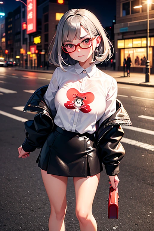 Shiny dark silver hair, (Beautiful brown eyes,Sparkling eyes, fine grain),smile,Very fine eye,Highly detailed face, ,Cowboy Shot, masterpiece,High resolution,1 female,(Close-up of a woman),Full Body Shot,Black jacket, Short Bob, night,Streetscape of Off Shoulder, Outdoor, プリーツskirt, road, White shirt, skirt, Skyscraper, smile, street,,Red glasses,Pink Lip Gloss,Embarrassing表情,blush,in the forest,Shining,(Frowning:1.2),(anger:1.4),Contempt的な,Contempt,(dislike:1.4),Looking down,(Embarrassing,Red nose:1.3),Exposing breasts,Normal chest