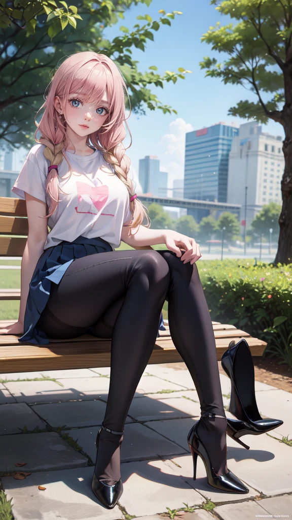 ultra 8k, HDR, best quality, masterpiece, very detailed, best AI technology, highest quality masterpiece, high resolution masterpiece, 1 girl, 2 girl with long blonde hair and pink streaks, wears twin braids, pink eyes, she wears a white t-shirt with black straps, a blue skirt with black leggings, white socks and black high heels, she sits elegantly posing on a bench in a park that is very detailed, high heels shoe dangle, masterpiece:1.2, best quality:1.2, very aesthetically pleasing:1.2, most absurd:1.2, detailed background, latest, KI-generiert, full body focus, raytracing, anime-style