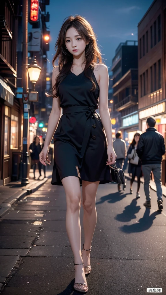 A young woman walks down a busy city street at twilight, the warm glow of streetlights casting long shadows. Suddenly, her steps falter as she spots her boyfriend across the road, hand in hand with another woman. Her face reflects a mix of shock, hurt, and disbelief, while the bustling world around her seems to fade into the background. The scene captures her heart-wrenching realization in that moment of betrayal.