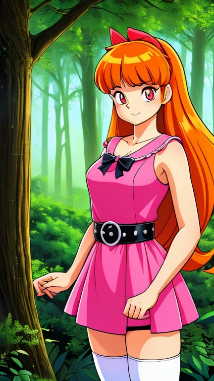 (Teens:1girl: blossom), (extremely detailed CG unit 8k wallpaper),(master part), (best quality), (ultra detail), (best illustration),(digital art), cowboy shot, (Sharp eyeliner, ombre, detailed eyes:1), forest, outdoor, ,break , (lum), upper body, orange hair, long hair, blunt bangs, pink eyes)
(bow, dress, belt, thighhighs)