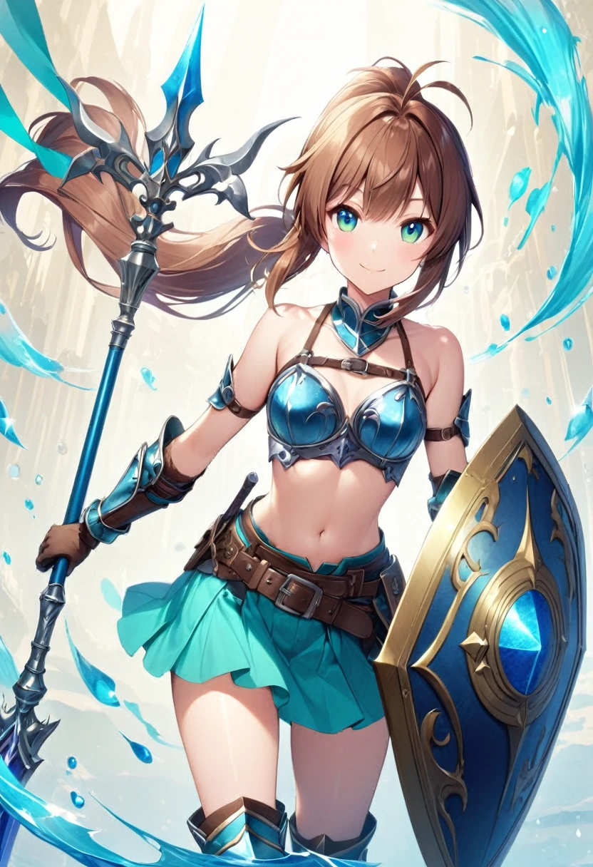 (1 Girl,Solo) , (Waist sheath:1.3), , Short Hair, 中くらいなchest, Displaying the viewer, Bangs ,Hazel eye detail, (Brown hair,Short ponytail hair:1.5), ,Short Hair、girl、Weapon: Polearm、chest、belly button、whole body、boots、chest元、Has a spear、中くらいのchest、Have a weapon、装甲boots、stomach、Bare shoulders、Simple Background、Antenna hair、High heels、Green Eyes、Are standing、Hair ornaments、Gauntlet、Greaves、Bikini Armor、Has a polearm、skirt、Have a shield、gloves、clavicle、blue eyes、Very long hair、Aqua blue eyes、High heelsboots、Floating hair、smile、Elbow pads