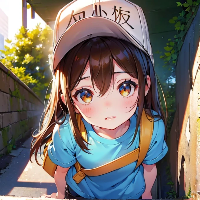 a small girl with a hat, bright brown hair, blue shirt, shorts, working hard, carrying luggage, (best quality,4k,8k,highres,masterpiece:1.2),ultra-detailed,(realistic,photorealistic,photo-realistic:1.37),1girl,detailed face and eyes,detailed clothing,detailed background,warm lighting,vibrant colors,soft focus,beautiful detailed eyes,beautiful detailed lips,extremely detailed eyes and face,longeyelashes,child,determined expression,backpack,outdoor scene,sunny day,natural lighting