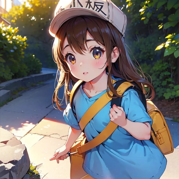 a small girl with a hat, bright brown hair, blue shirt, shorts, working hard, carrying luggage, (best quality,4k,8k,highres,masterpiece:1.2),ultra-detailed,(realistic,photorealistic,photo-realistic:1.37),1girl,detailed face and eyes,detailed clothing,detailed background,warm lighting,vibrant colors,soft focus,beautiful detailed eyes,beautiful detailed lips,extremely detailed eyes and face,longeyelashes,child,determined expression,backpack,outdoor scene,sunny day,natural lighting