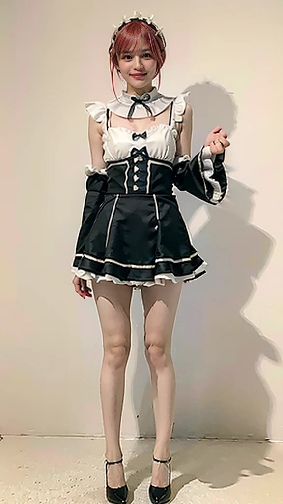 (8K, RAW photo, highest quality, masterpiece:1.3), (realistic, photo-realistic:1.4), (Highly detailed 8K wallpaper), sharp focus, Depth of written boundary, japanese idol, very cute, (baby face), Look at us and smile, full body, highly detailed face and eyes, ((shiny skin:1.2)), cinematic lighting, soft light, blur background, Bokeh, High-tech company office background with state-of-the-art equipment, clean design, blue and white tones, wearing a black and white maid costume with a shorter skirt, white apron, black dress, white frills, black bow, knee-high socks, and black shoes, similar to the attached image
