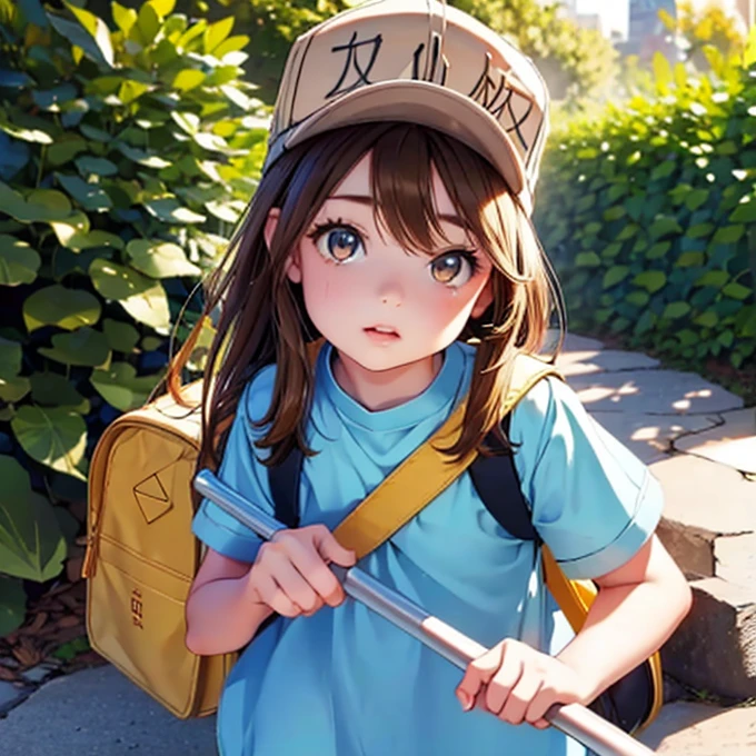 a small girl with a hat, bright brown hair, blue shirt, shorts, working hard, carrying luggage, (best quality,4k,8k,highres,masterpiece:1.2),ultra-detailed,(realistic,photorealistic,photo-realistic:1.37),1girl,detailed face and eyes,detailed clothing,detailed background,warm lighting,vibrant colors,soft focus,beautiful detailed eyes,beautiful detailed lips,extremely detailed eyes and face,longeyelashes,child,determined expression,backpack,outdoor scene,sunny day,natural lighting