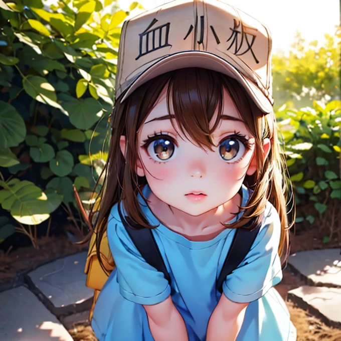 a small girl with a hat, bright brown hair, blue shirt, shorts, working hard, carrying luggage, (best quality,4k,8k,highres,masterpiece:1.2),ultra-detailed,(realistic,photorealistic,photo-realistic:1.37),1girl,detailed face and eyes,detailed clothing,detailed background,warm lighting,vibrant colors,soft focus,beautiful detailed eyes,beautiful detailed lips,extremely detailed eyes and face,longeyelashes,child,determined expression,backpack,outdoor scene,sunny day,natural lighting