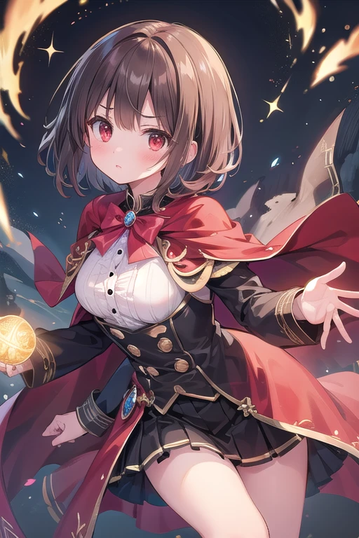 Beautiful illustrations、(masterpiece、Highest quality、8k ), (Beautiful details), Highly detailed face, Perfect lighting, Highly detailed CG, (Perfect hands, Perfect Anatomy), 1 cute girl,Girl, Cute Face, puppet, ((Severe)), amount, Bobcut, Brown Hair, ((Swept-apart bangs)), Red eyes, Oblique eyebrows, Cape、((Magic Student)),thin,  Thighs、