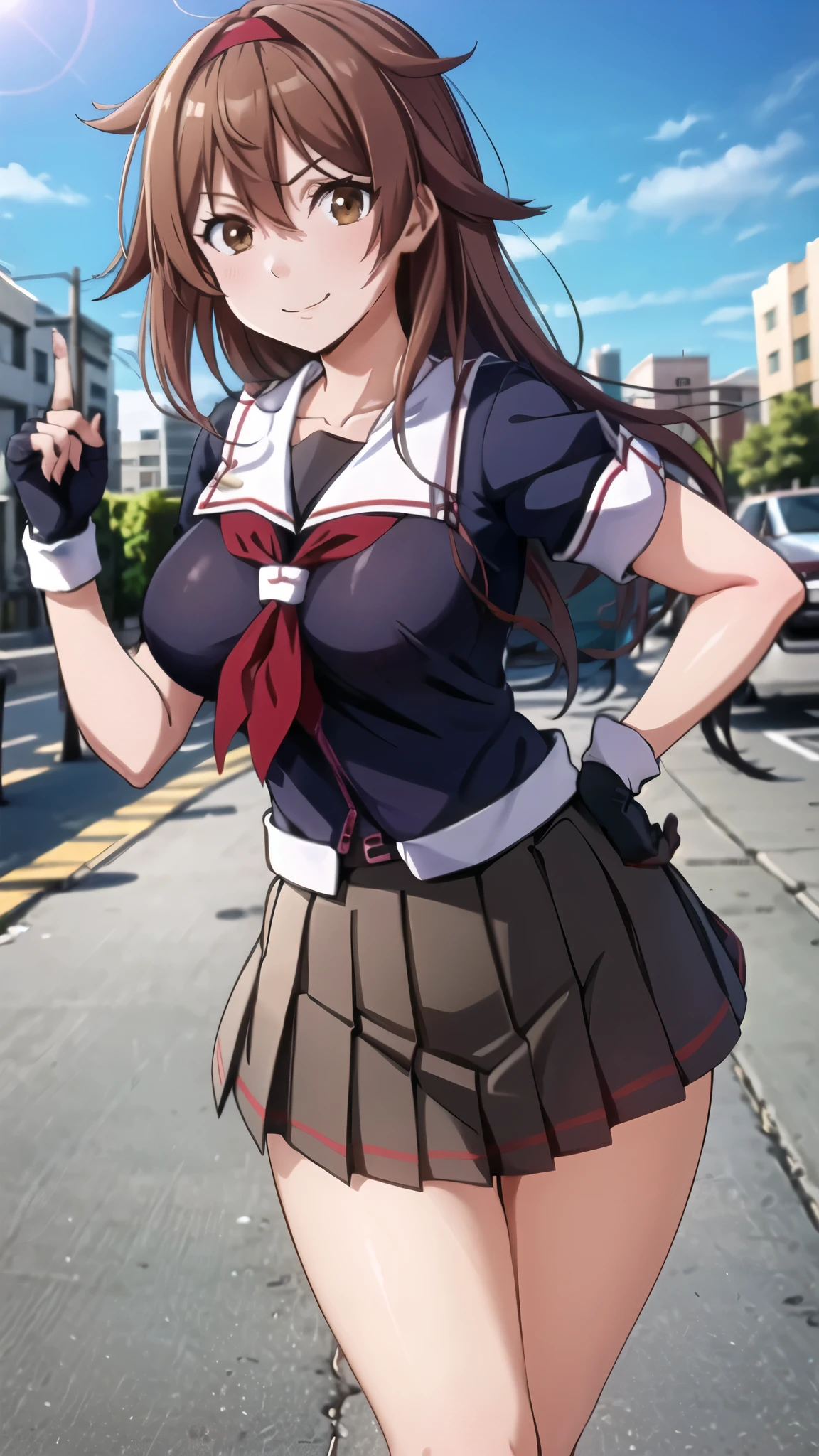 Highest quality, masterpiece, High resolution, One person, {Fleet Collection_White Dew:1.15} Brown Hair、Long Hair、Thighs、Short sleeve、Pleated skirt、hair band、Serafuku、Black gloves、Fingerless gloves、Black Skirt、neckerchief、Big Breasts　Put your hands behind your back　Walking around the city　smile　Against the backdrop of blue sky