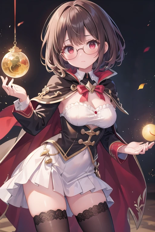 Beautiful illustrations、(masterpiece、Highest quality、8k ), (Beautiful details), Highly detailed face, Perfect lighting, Highly detailed CG, (Perfect hands, Perfect Anatomy), 1 cute girl,Girl, Cute Face, puppet, ((Severe)), amount, Bobcut, (Glasses),Brown Hair, ((Swept-apart bangs)), Red eyes, Oblique eyebrows, Cape、((Magic Student)),thin,  Thighs、