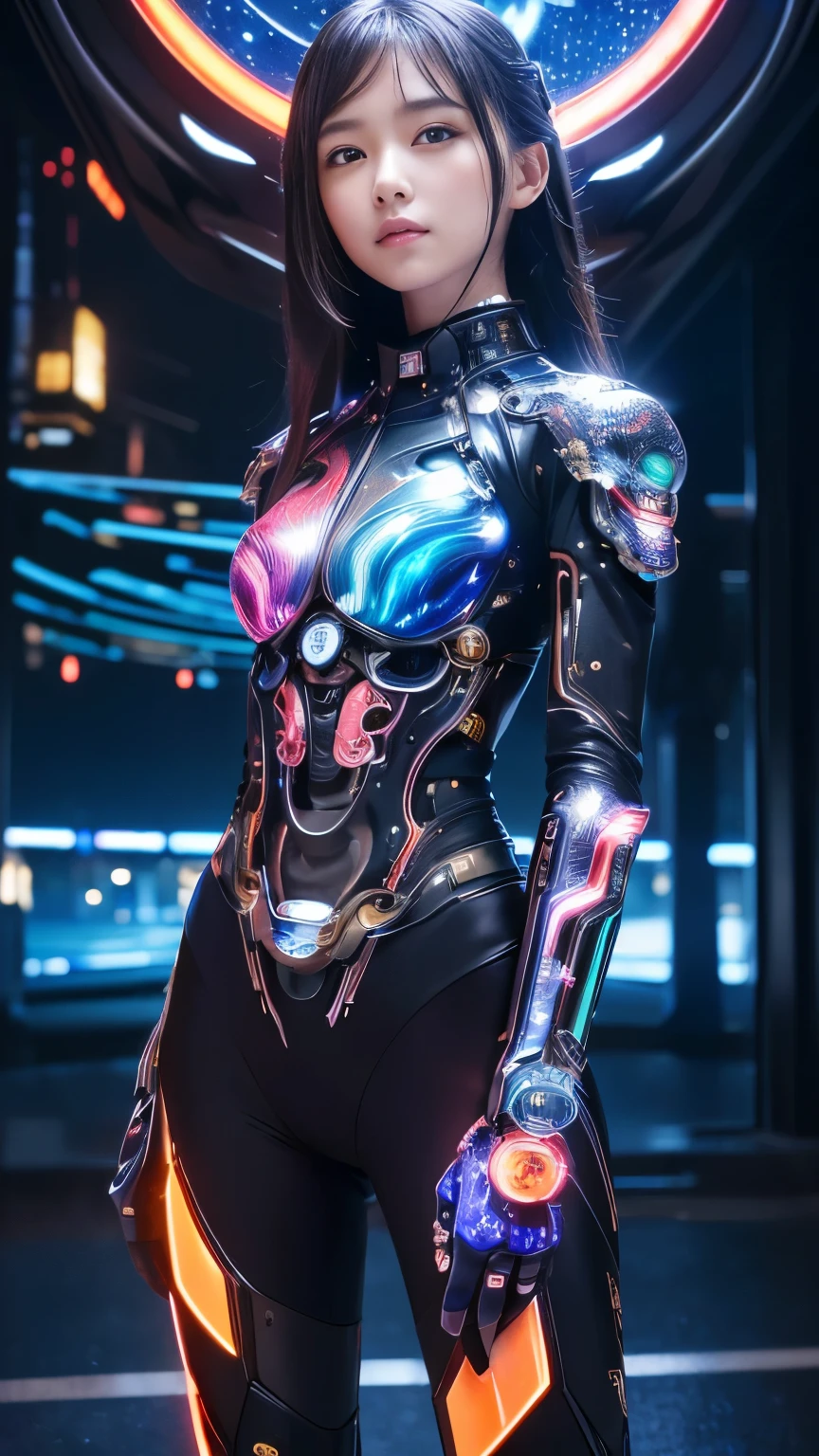 (masterpiece, Highest quality, Highest quality, Official Art, beautifully)、Mechanical Girl、Very detailed,colorful,Most detailed、 (Futuristic night view:1.5), (Fractal Artなゴシックータの衣装:1.2、Long sleeve), (Shiny skin), (Many colors:1.4), Upper Body、Beautiful Japanese、Side lock hair、Man&#39;s chest:1.8、Super big breasts:1.5、Small waist:1.3、Accurate anatomy、Realistic textured faceと体、photo shoot、Three Dimensional、Beautiful gradient hair、超A high resolution 、Dynamic combat action shots、Effect Effects、Pistol in both hands、Black Makeup、Black Rouge、Black Lips、Black mouth、Trance、Upper Body、God of Destruction、Close-up、Fractal Art、Realistic textured face、A Broken World、chaos、Upper Body、(((Ultra-Realistic Details)))、Portrait、Sharp、CGSoation Trend