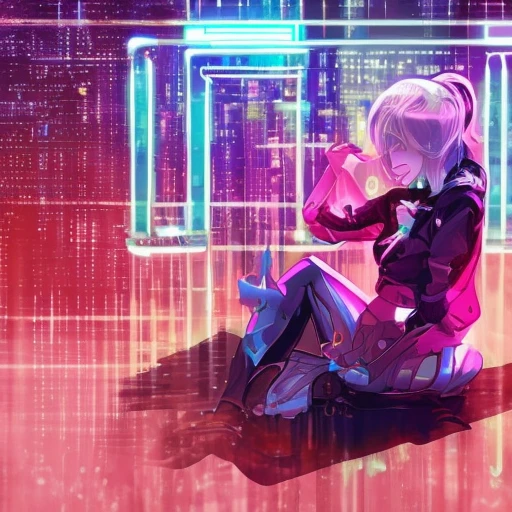 a woman sitting on top of a keyboard surrounded by music equipment, synthwave art, synthwave, glitchpunk girl, digital cyberpunk - anime art, decora inspired illustrations, in the style dan mumford artwork, synthwave art style, synthwave style, ((synthwave)), cyberpunk art style, synthwave art style ]!!, epic retrowave art